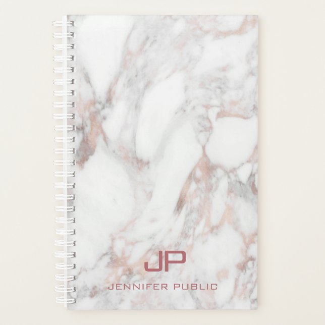 Agenda Monograma moderno elegante de mármol blanco de oro (Anverso)