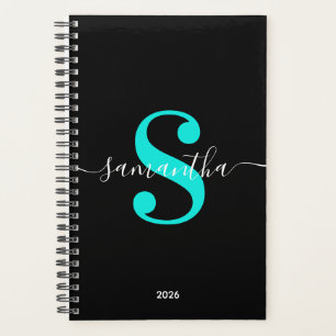 Agenda Monograma moderno en negro, blanco y turquesa bril