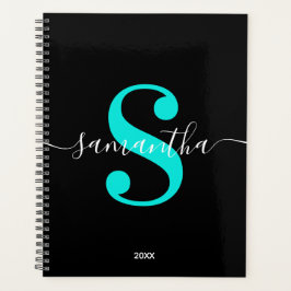 Agenda Monograma moderno en negro, blanco y turquesa bril