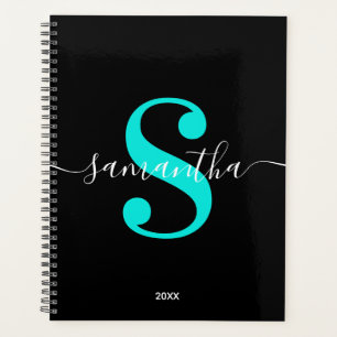 Agenda Monograma moderno en negro, blanco y turquesa bril