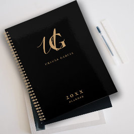 Agenda Monograma moderno en negro y dorado
