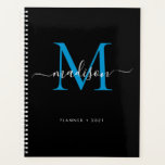 Agenda Monograma moderno Nombro de guión azul negro Girly<br><div class="desc">Moderno Monograma Océano Negro Brillante Azul Girly Elegante Estilo Script Nombre 2021 Planner</div>
