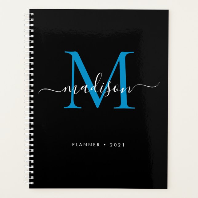 Agenda Monograma moderno Nombro de guión azul negro Girly (Anverso)