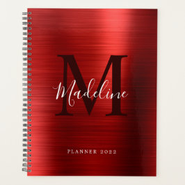 Agenda Monograma moderno simple cepillado metálico rojo