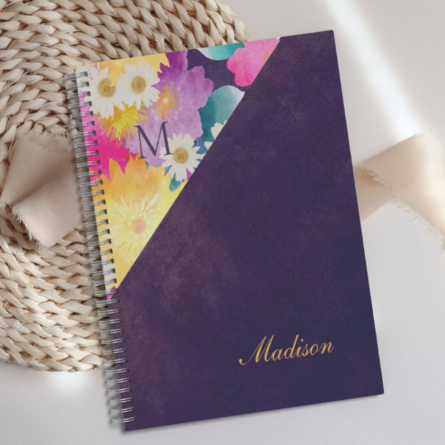 Agenda Monograma morado amarillo floral de moda (Subido por el creador)