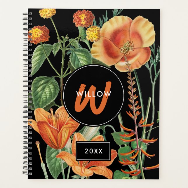 Agenda Monograma Naranja negro de flores silvestres de co (Anverso)