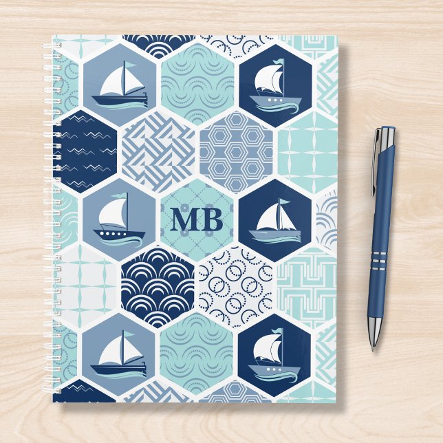 Agenda Monograma Nautical Moderno Boat Blue Personalizado (Subido por el creador)