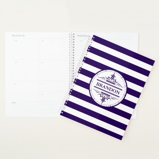 Agenda Monograma Nautical Naval Blue Stripes Planner (Demostración)