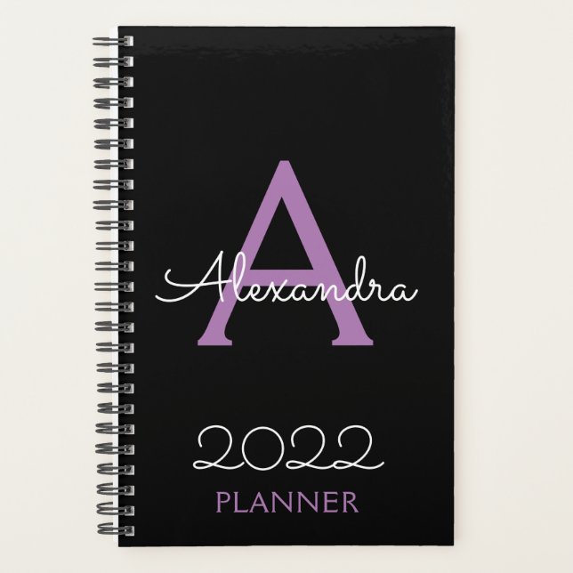 Agenda Monograma negro púrpura elegante 2022 (Anverso)
