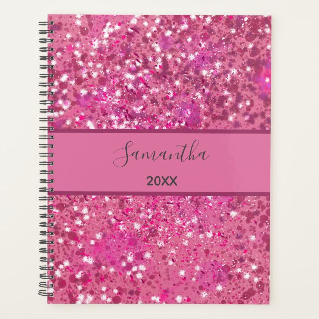 Agenda Monograma Nombre Purpurina rosado caliente Sparkle (Anverso)