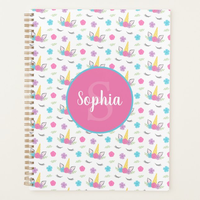 Agenda Monograma personalizado de unicornio floral (Anverso)