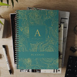 Agenda Monograma personalizado moderno elegante y nombre<br><div class="desc">Elegante y lujoso planner de color verde esmeralda oscuro monogramado en 2025,  con un diseño floral de diseño de diseño de color dorado personalizado con su nombre y texto.</div>