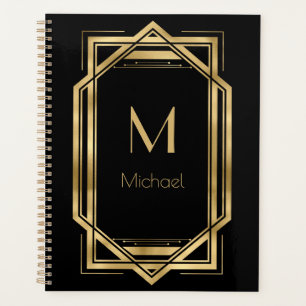 Agenda Monograma Personalizado Negro y Dorado   Geométric