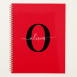 Agenda Monograma personalizado Nombre de guión rojo blanc<br><div class="desc">Este elegante monograma y el elegante diseño del nombre de la escritura se pueden dar como regalo para un cumpleaños, boda, ducha de novia, aniversario, Día de la Madre o cualquier ocasión. Se puede personalizar con el nombre y la inicial de la persona. Puede cambiar el tipo de letra, el...</div>