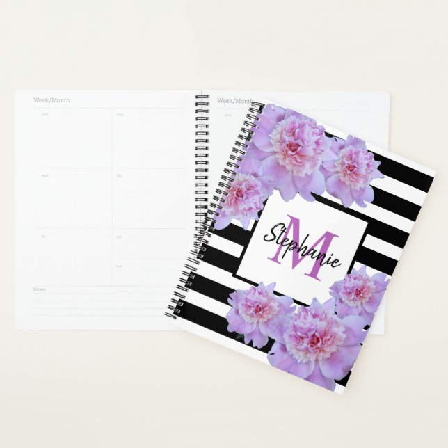 Agenda Monograma Pink Peony Flower Black Striple Purple (Demostración)