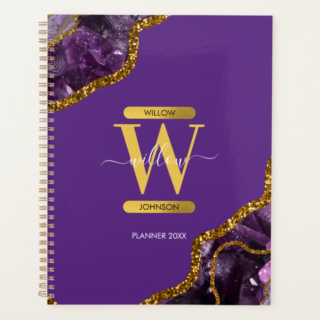 Agenda Monograma Purpurina de Geode de Agate Purple & Gol (Anverso)