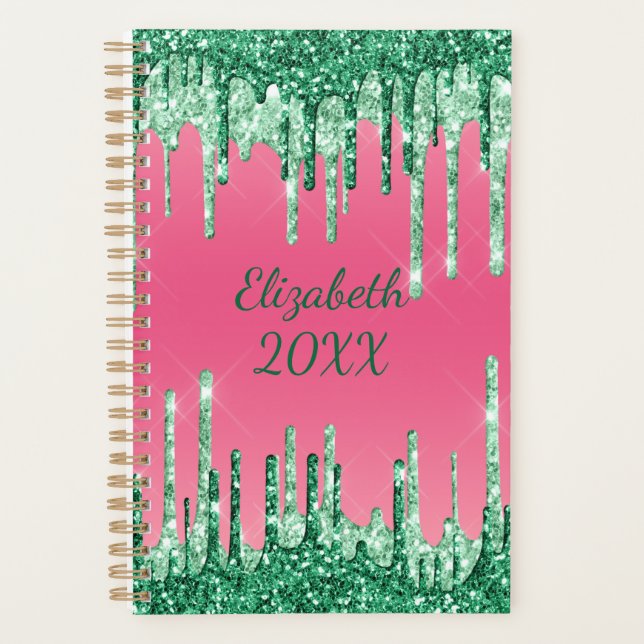 Agenda Monograma Purpurina de goteo Glam de moda rosa ver (Anverso)