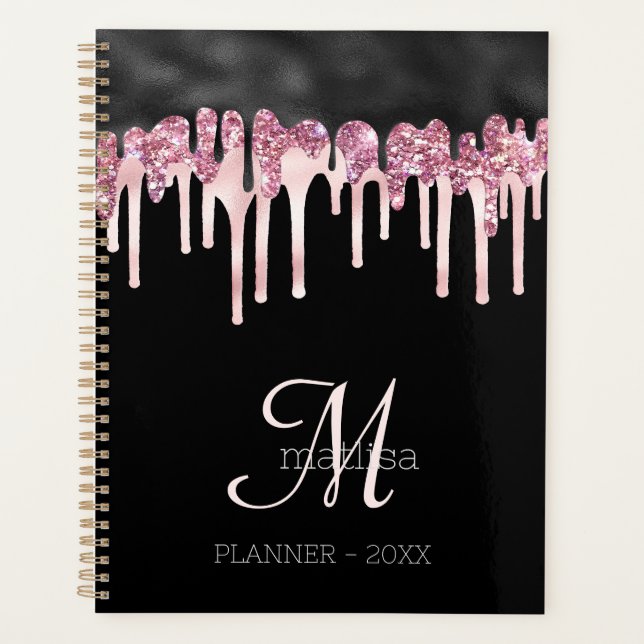 Agenda Monograma Purpurina de goteo negro y rosado Glam (Anverso)