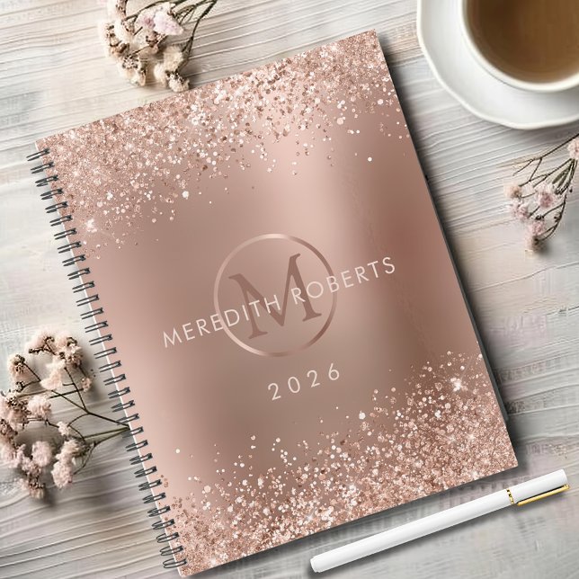 Agenda Monograma Purpurina de oro Rosa Nombre 2026 (Rose Gold Foil Blush Glitter Monogram Name 2026 Planner)