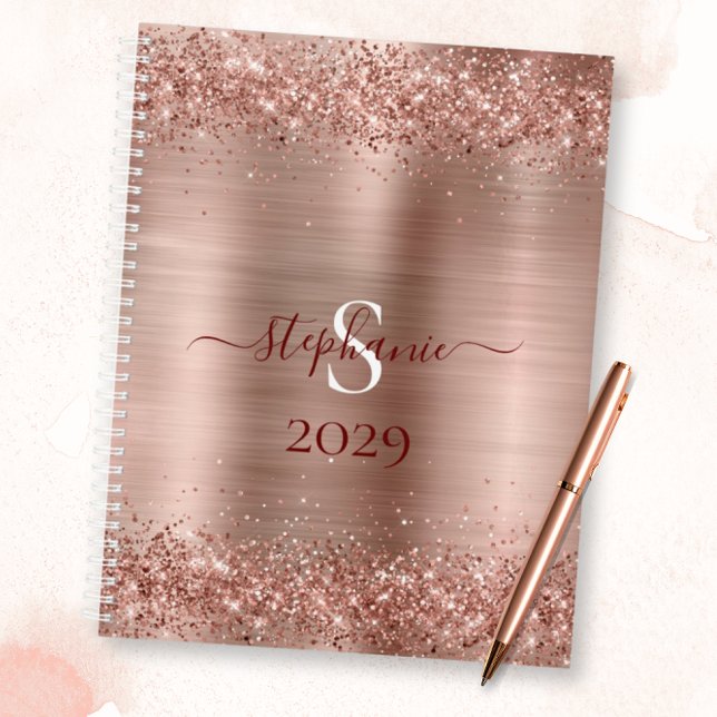 Agenda Monograma Rosa Faux-Purpurina Girly Glam (Monogram Rose Gold Faux-Glitter Girly Glam Planner)