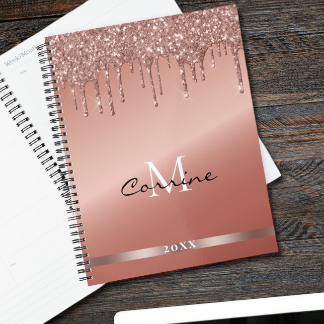 Agenda Monograma Rosa Purpurina de goteo de oro metálico  (Subido por el creador)