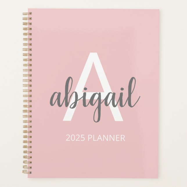 Agenda Monograma rosa Rubor moderno Girly Nombre 2025 (Anverso)
