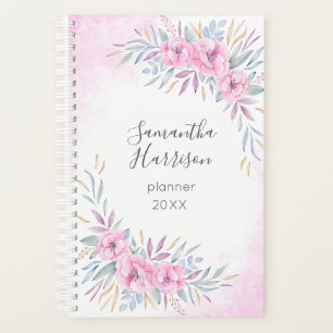 Agenda Monograma Rubor Flores rosas color de agua elegant