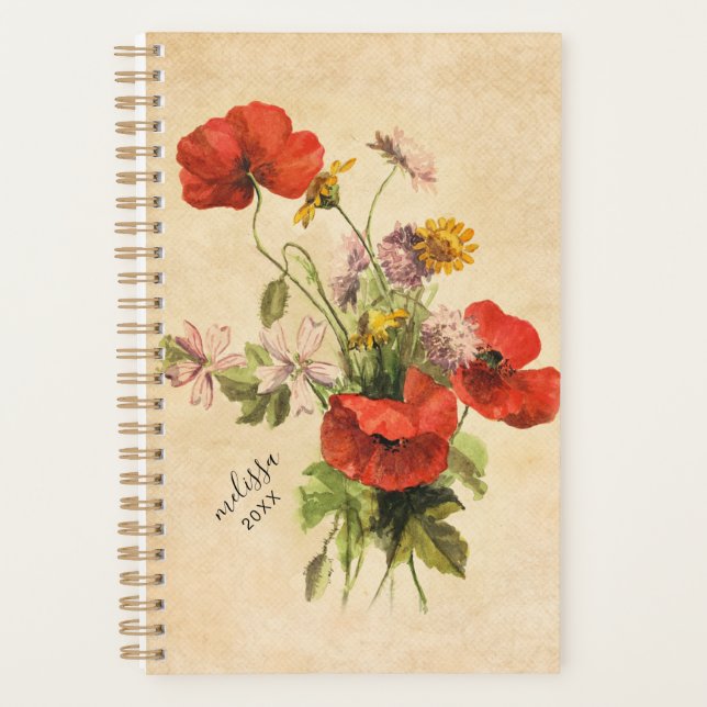 Agenda Monograma Rústico Vintage Bouquet Rojo Poppies Bei (Anverso)