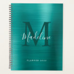 Agenda Monograma Verde azulado metálico simple cepillado<br><div class="desc">Moderno y simple cepillado del planificador de monograma Verde azulado metálico</div>