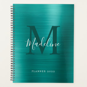 Agenda Monograma Verde azulado metálico simple cepillado 