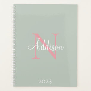 Agenda Monograma verde sabio personalizado rosa