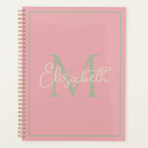 Agenda Monograma verde y crema de salvia rosada preppy