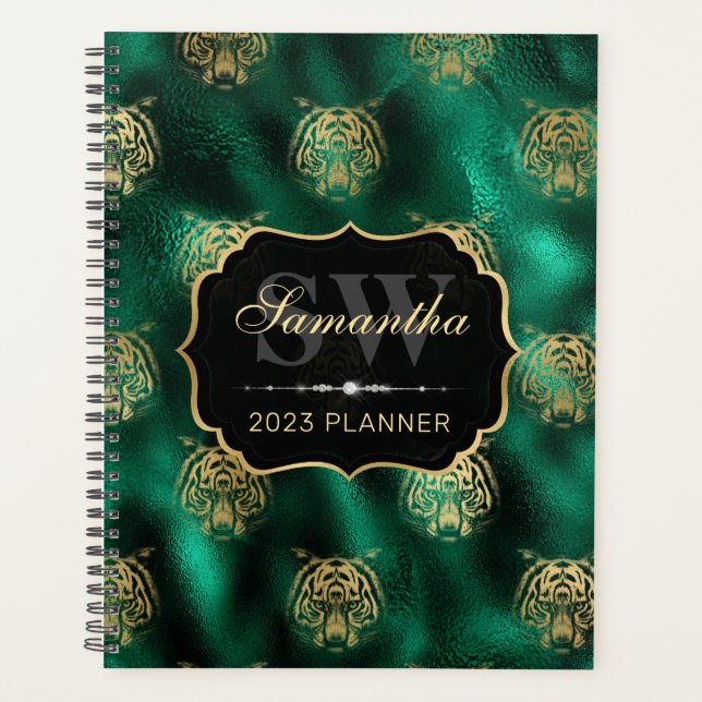 Agenda Monograma verde y Relieve metalizado dorado elegan (Anverso)