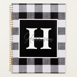 Agenda Monograma y nombre de Gingham Plaid en blanco y ne