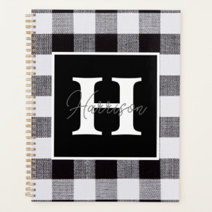 Agenda Monograma y nombre de Gingham Plaid en blanco y ne