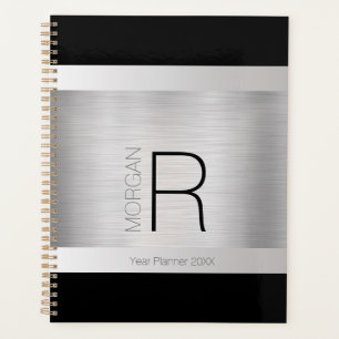 Agenda Monograma y nombre DIY, negro y gris, plata cepill