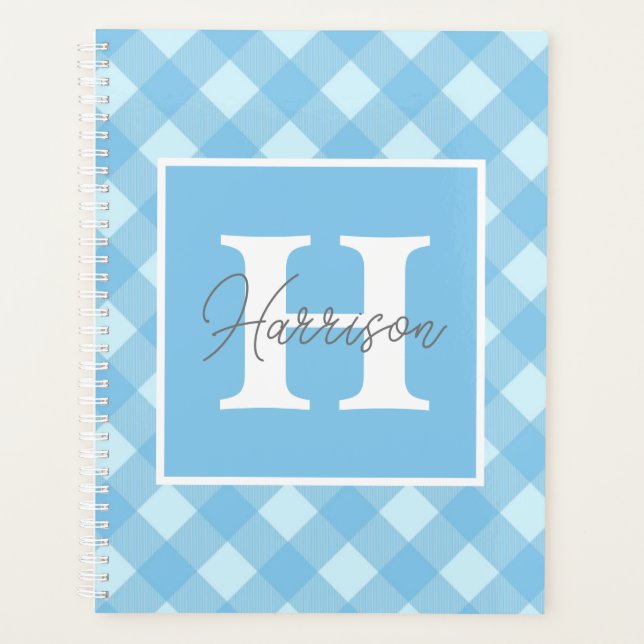 Agenda Monograma y nombre personalizados de Blue Gingham  (Anverso)
