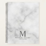 Agenda Monograma y nombre personalizados de mármol blanco<br><div class="desc">El planificador profesional presenta monograma,  nombre y texto personalizado en estilo de fuente serif clásico gris sobre fondo de mármol blanco.</div>