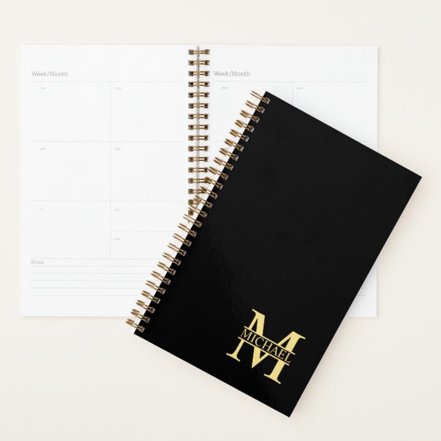 Agenda Monograma y nombre personalizados en negro y oro (Demostración)