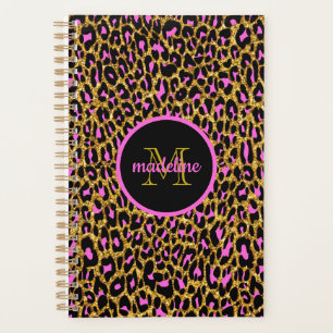 Agenda Monogramación de impresión de leopardo rosa de mod