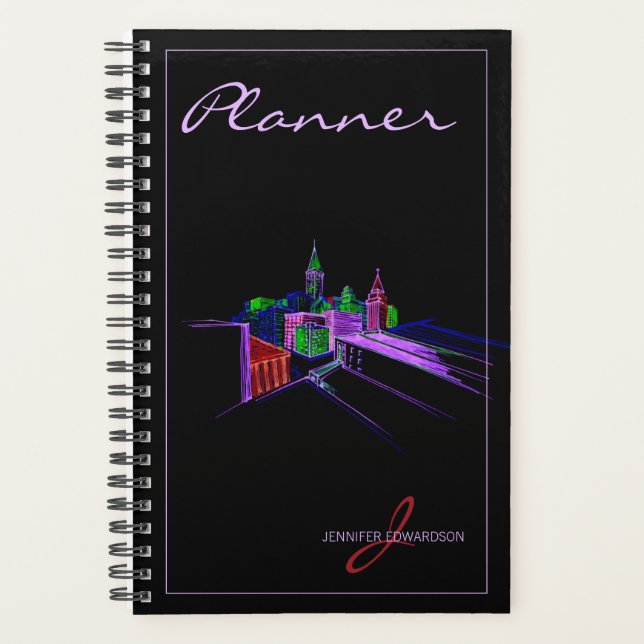 Agenda Monogramada moderna Black Elegant Vibrant City (Anverso)