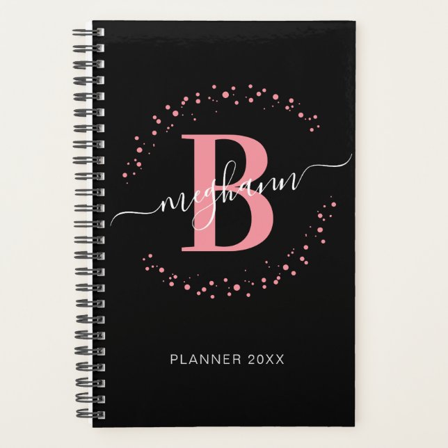 Agenda Monogramado 2023 de Nombre Negro Rosa Girly Elegan (Anverso)