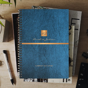 Agenda Monogramado de oro de cuero azul elegante de 2026