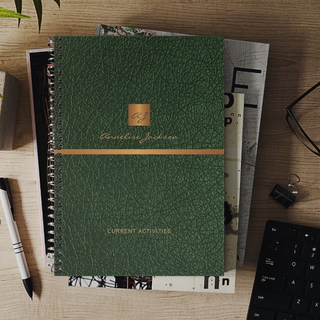 Agenda Monogramado de oro de cuero verde elegante y elega (Subido por el creador)