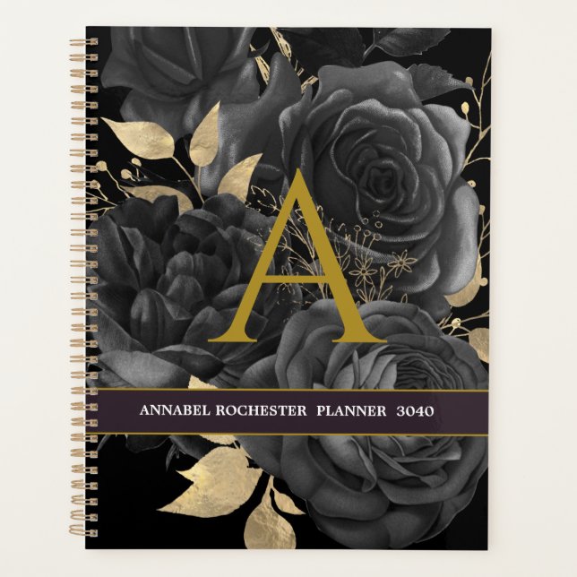 Agenda Monogramado de rosas elegantes negros y dorados (Anverso)
