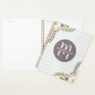Agenda Monogramado Dusty Floral Gray Wood Planner