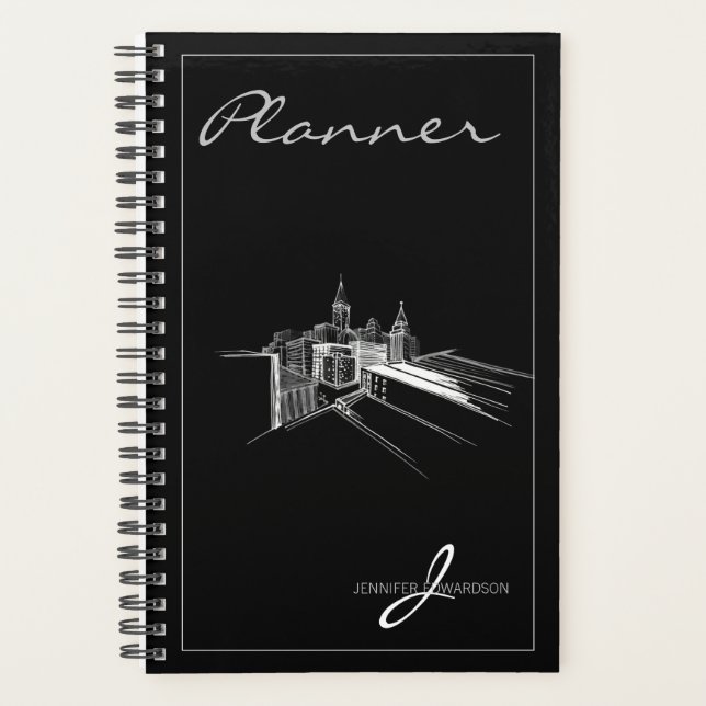 Agenda Monogramado Moderno Black Elegant Vibrant City Pla (Anverso)