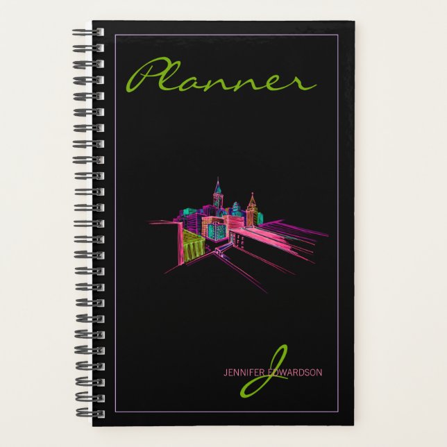 Agenda Monogramado Moderno Black Elegant Vibrant City Pla (Anverso)