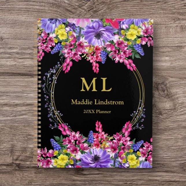 Agenda Monogramado Personalizado floral negro multicolor  (Journal/Planner with Name and Date. Customize for yourself or as a gift for a friend.)