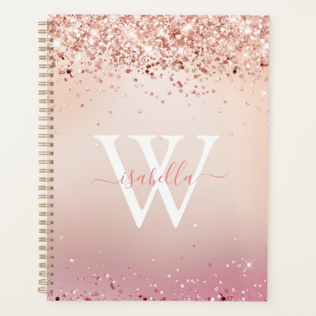 Agenda Monogramado Rosa Oro Purpurina Elegante Nombre de  (Anverso)